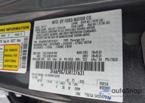 2018 Ford Fusion S z USA, uszkodzony, nr VIN 3FA6P0G7XJR127631